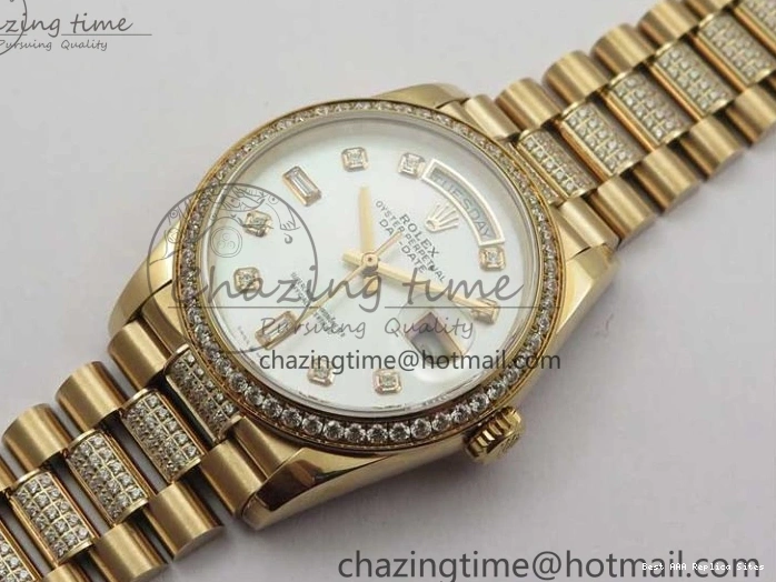 AAA Replica Watches on President A 2689 BP White ComfortFit Crystal Crystal Marker MOP RG Best Edition 128235 Dial Day-Date Bracelet RG 36mm 1218